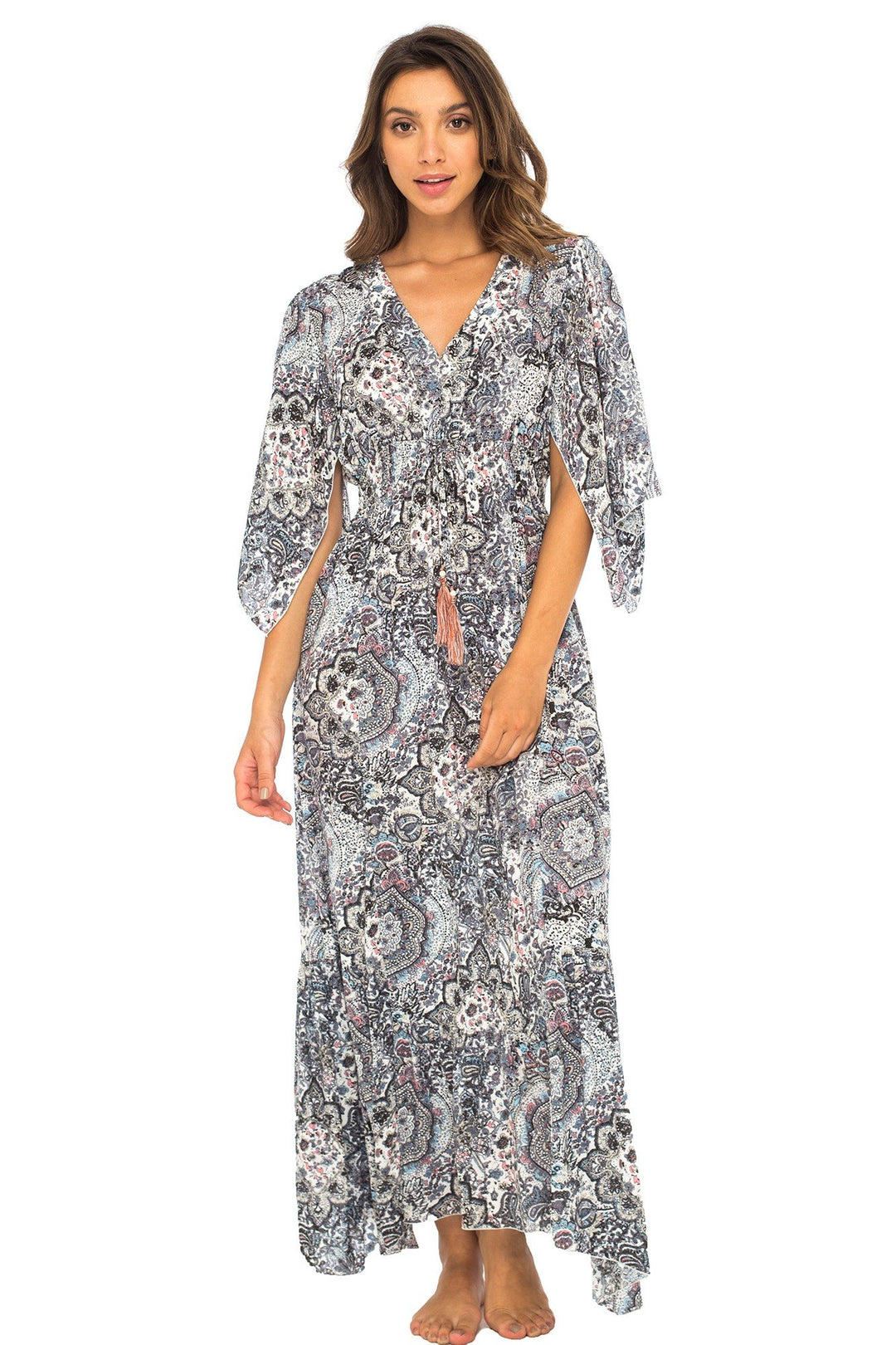 Back From Bali Womens Long Maxi Dress Boho Print Summer Sundress Deep V Neck Long Sleeves