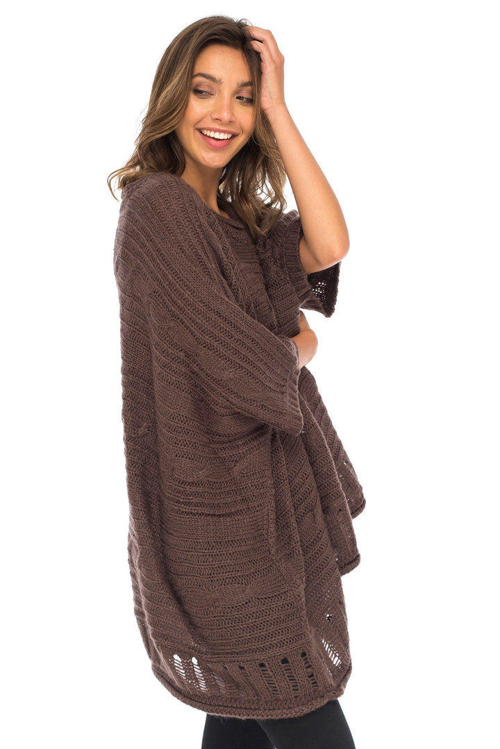 Back From Bali Womens Knit Poncho Sweater Cape V-Neck Soft Boho Tunic Shawl with Sleeves