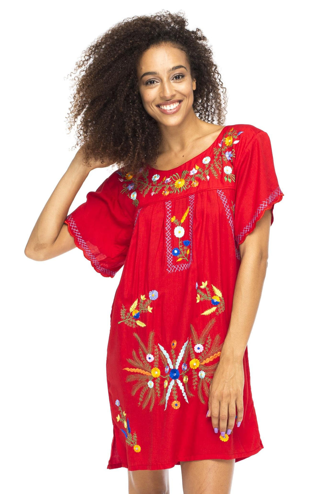 Back From Bali Womens Short Dress Mexican Embroidered Short Sleeves Cover Up