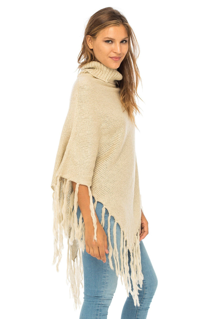 Back From Bali Womens Knit Fringed Poncho Boho Sweater Cape with Cowl Neck Soft Boho Winter Shawl