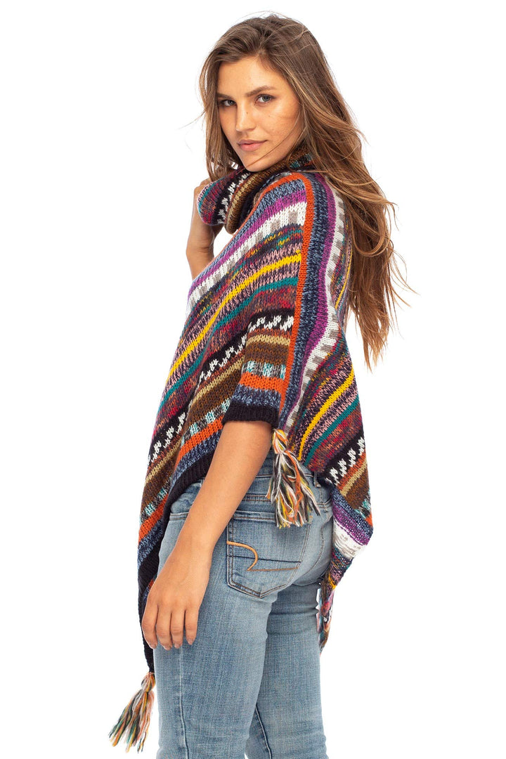 Soft Cowl Neck Poncho with Tassels