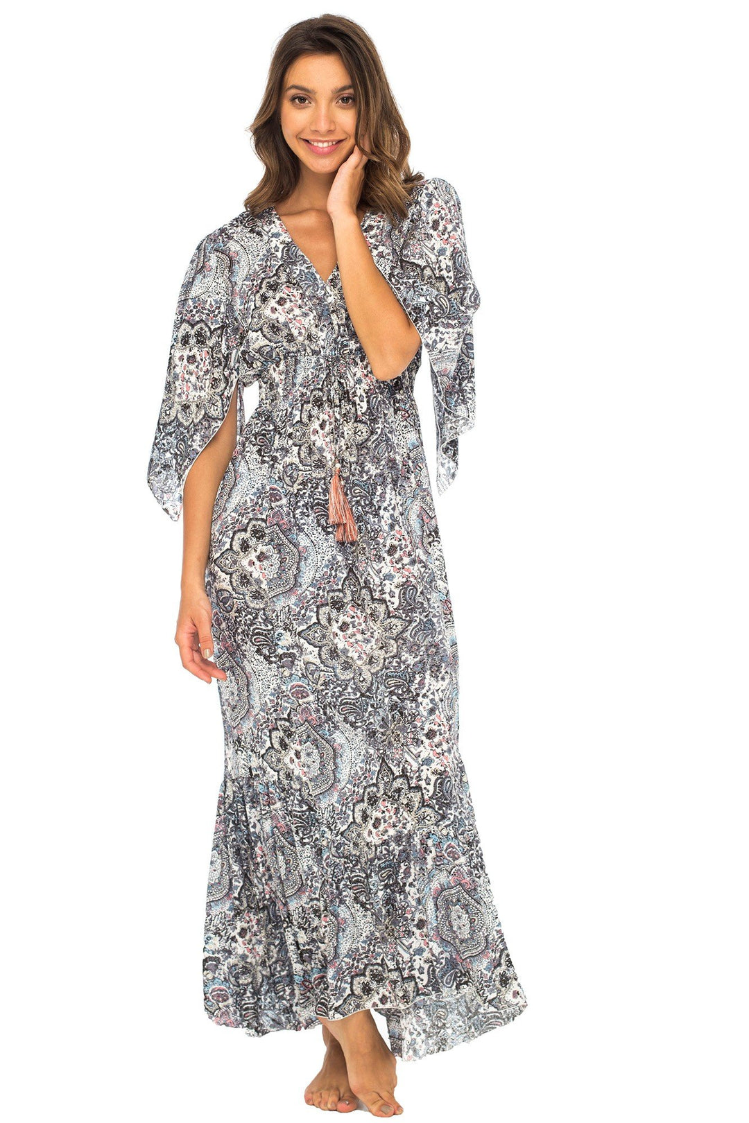 Back From Bali Womens Long Maxi Dress Boho Print Summer Sundress Deep V Neck Long Sleeves