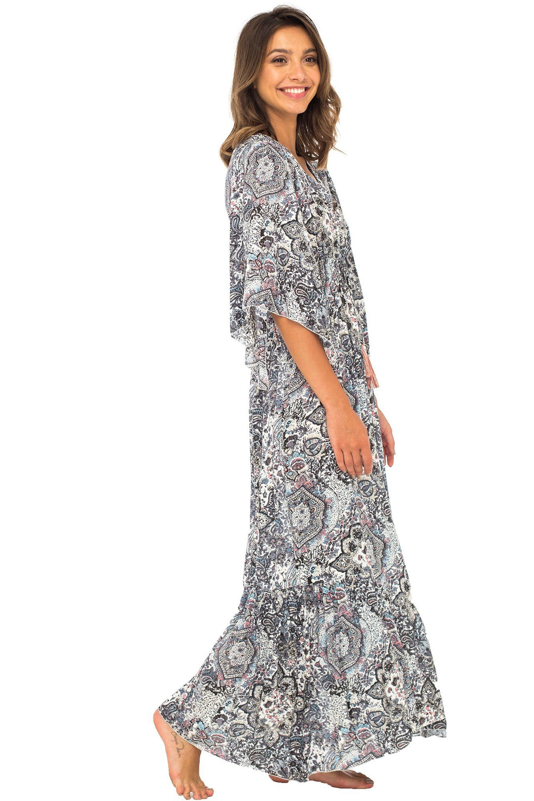 Back From Bali Womens Long Maxi Dress Boho Print Summer Sundress Deep V Neck Long Sleeves