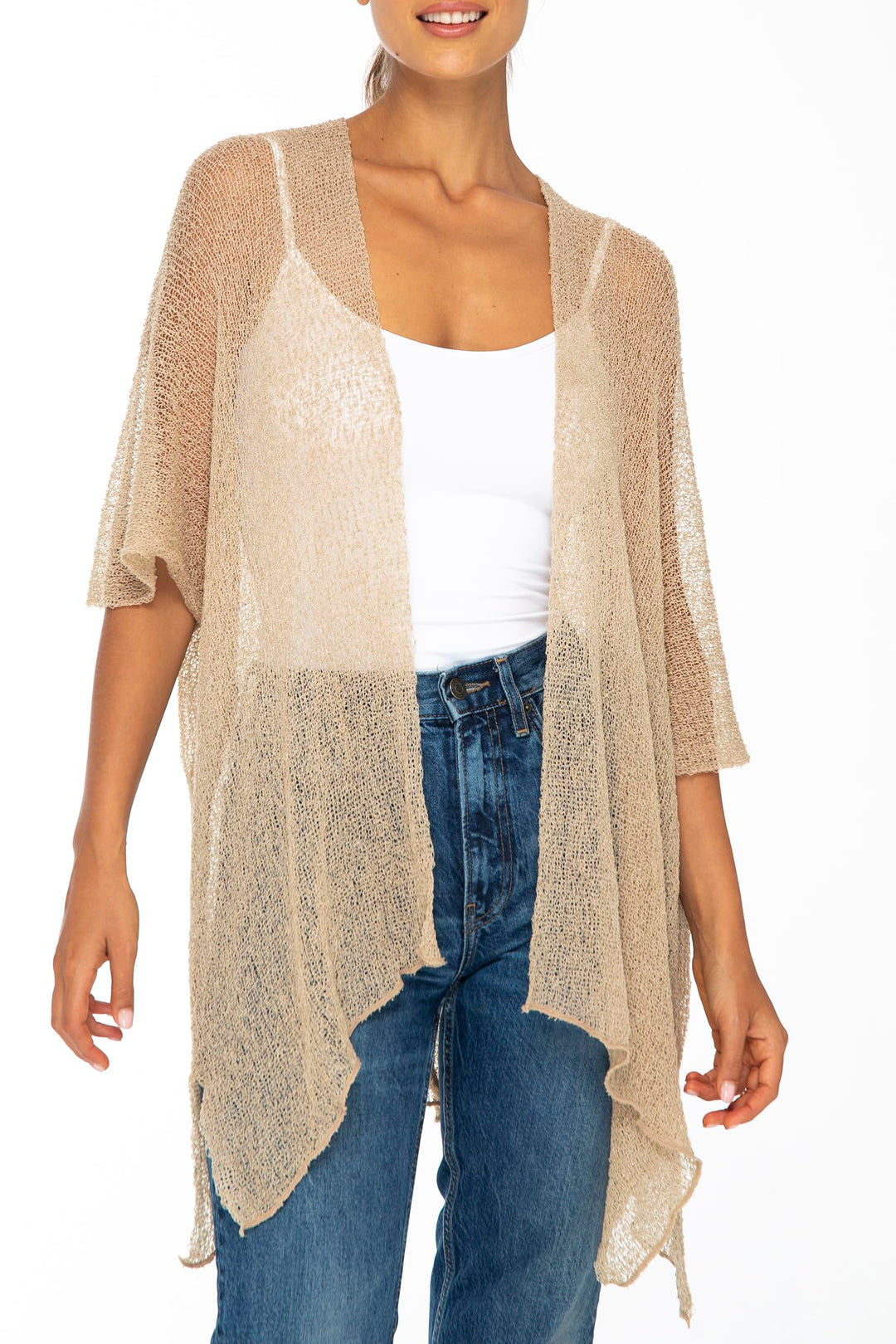 Open Front ¾ Sleeve Kimono Sweater with Curved Hem