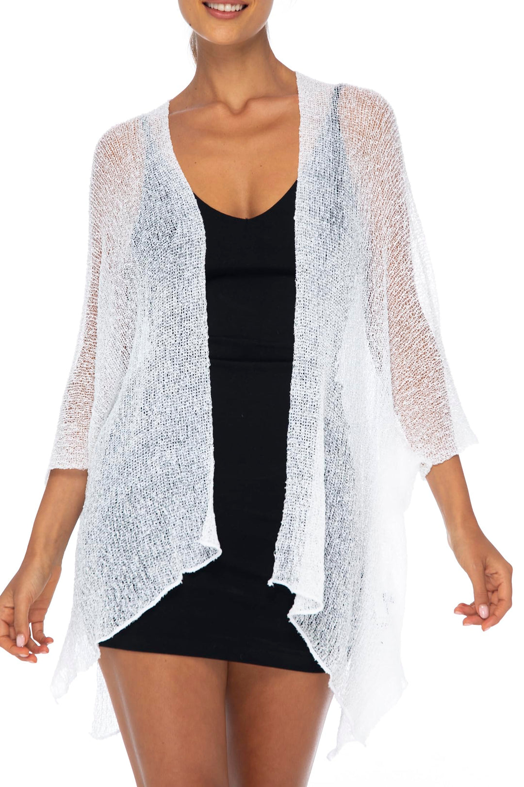 Open Front ¾ Sleeve Kimono Sweater with Curved Hem