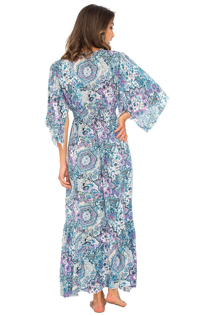 Back From Bali Womens Long Maxi Dress Boho Print Summer Sundress Deep V Neck Long Sleeves