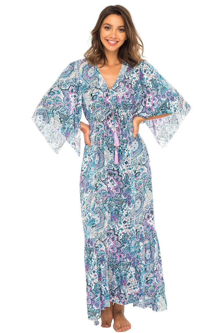 Back From Bali Womens Long Maxi Dress Boho Print Summer Sundress Deep V Neck Long Sleeves