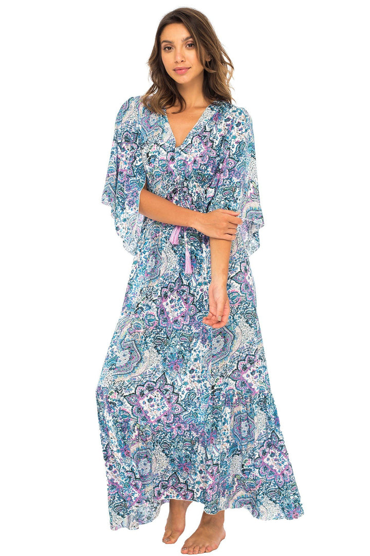 Back From Bali Womens Long Maxi Dress Boho Print Summer Sundress Deep V Neck Long Sleeves