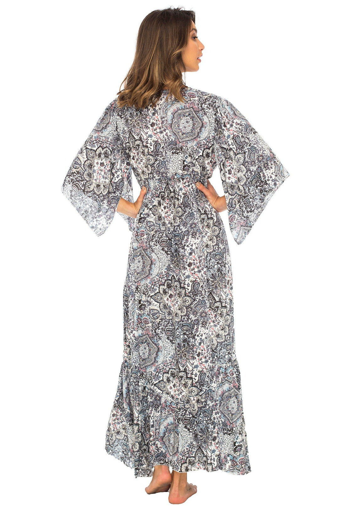 Back From Bali Womens Long Maxi Dress Boho Print Summer Sundress Deep V Neck Long Sleeves