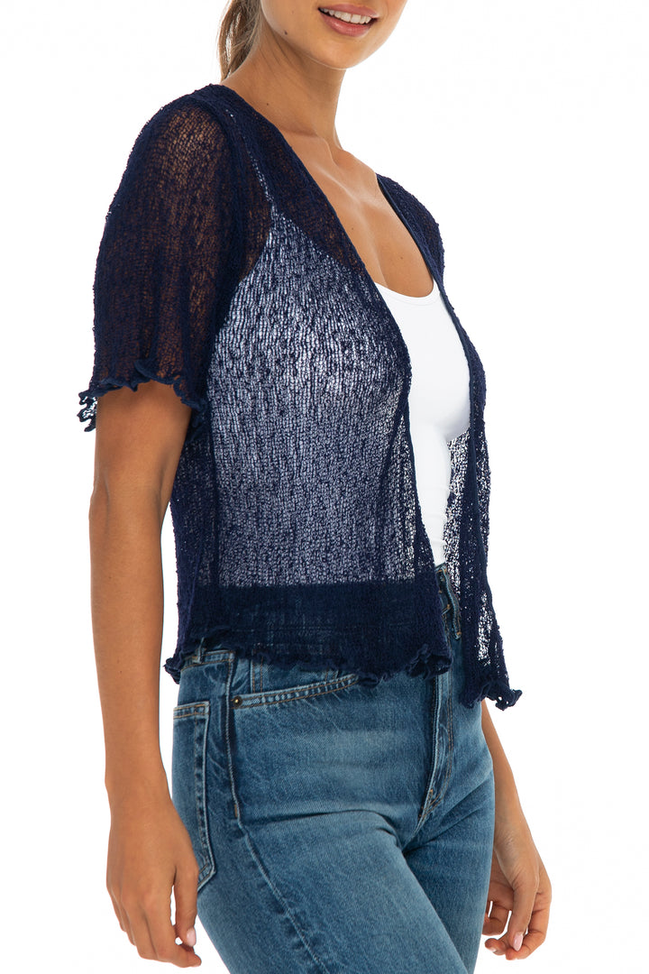 Open Front Short Sleeve Sheer Cardigan Top